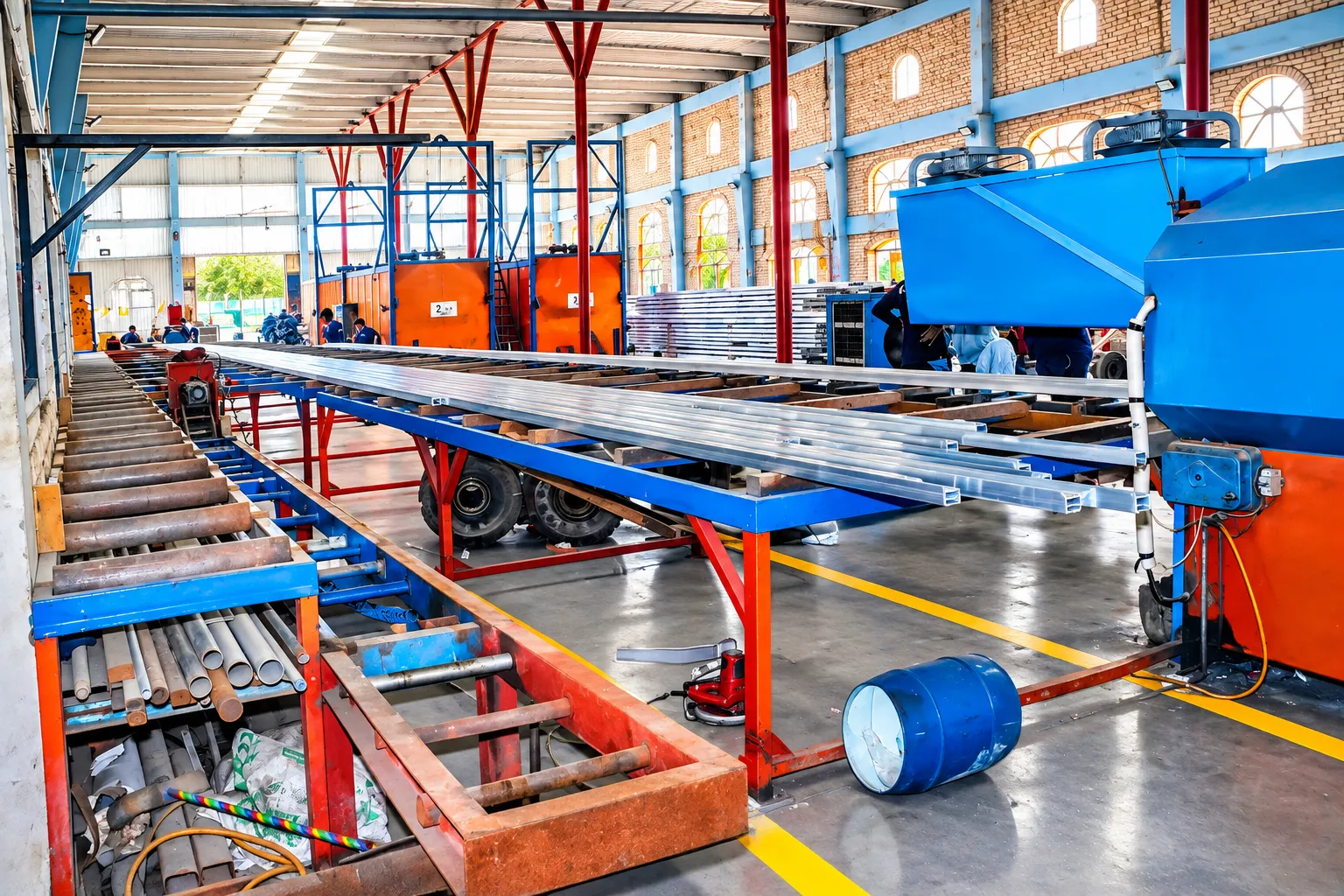 Long production floor with aluminium profiles and orange processing stations