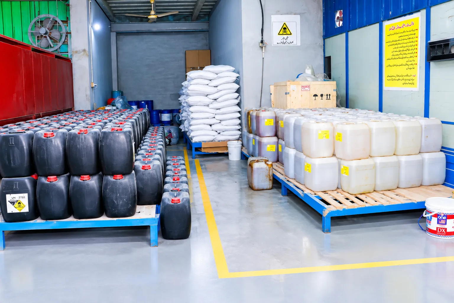 Organized raw material and chemical storage with safety markings