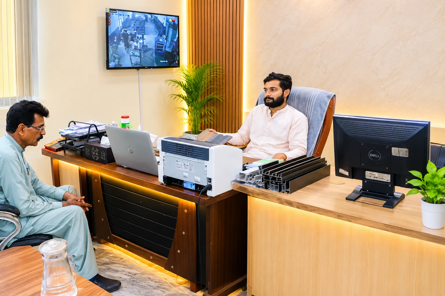Management office consultation with aluminium profile samples on the desk