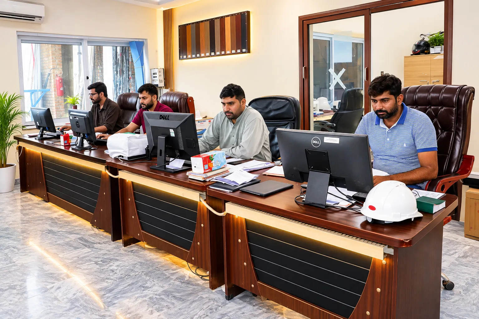 Administrative team working at shared desks with finish samples on the wall