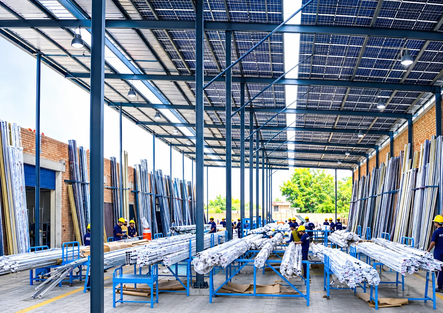 Solar-covered yard with workers organizing aluminium profile bundles