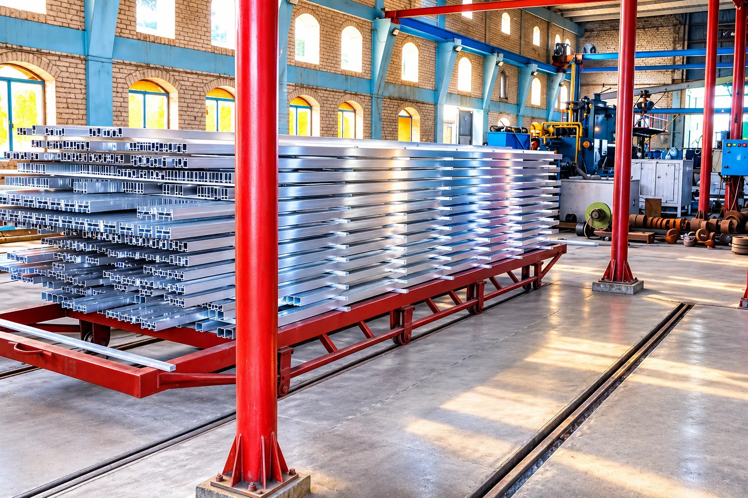 Stack of finished aluminium extrusion profiles on a red industrial rack