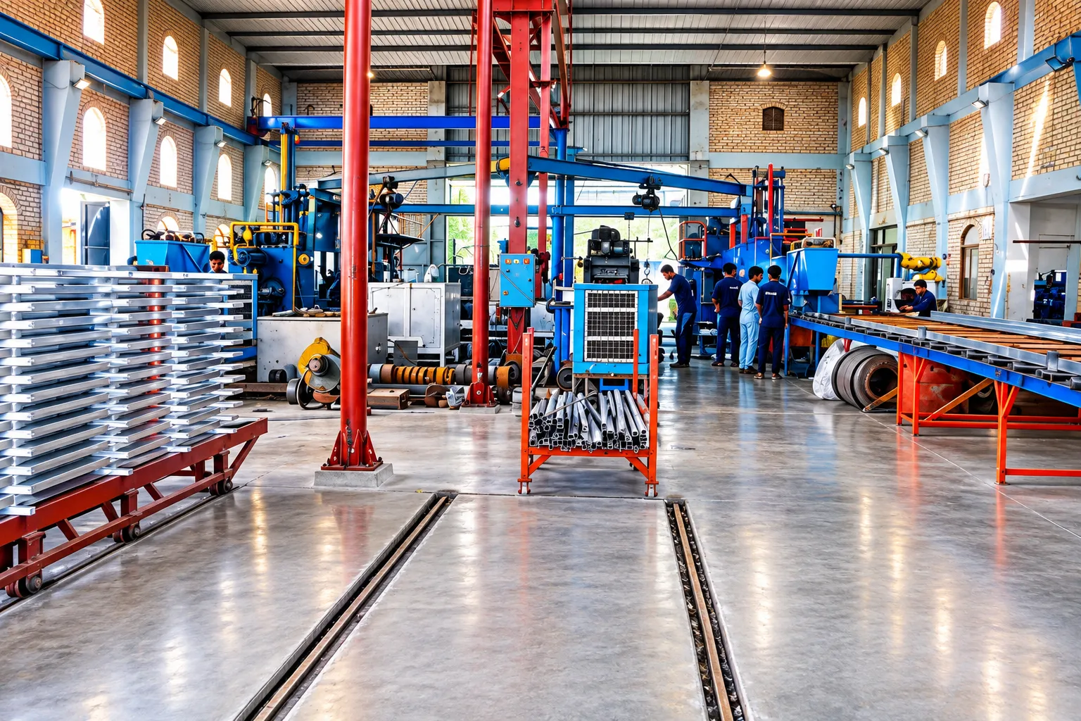 Wide factory aisle with blue machinery and finished aluminium stock