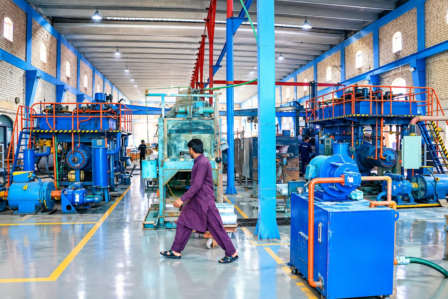 Spacious manufacturing hall with blue industrial machinery