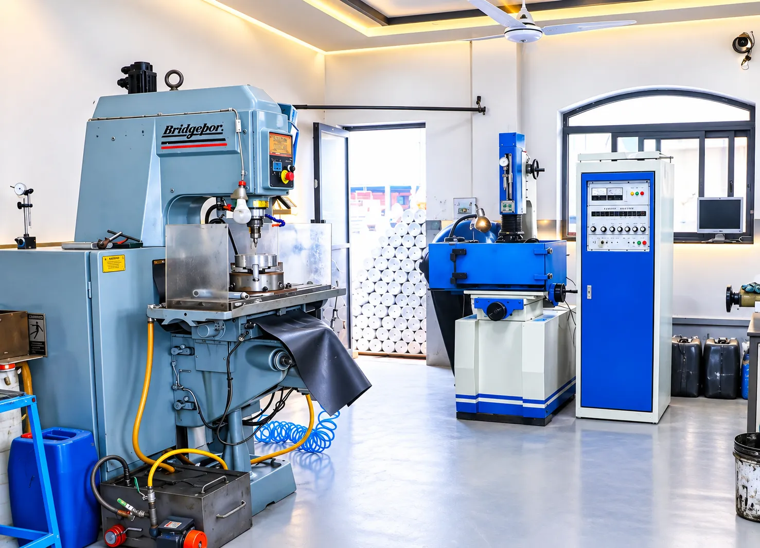 Machine shop with Bridgeport milling equipment and control systems