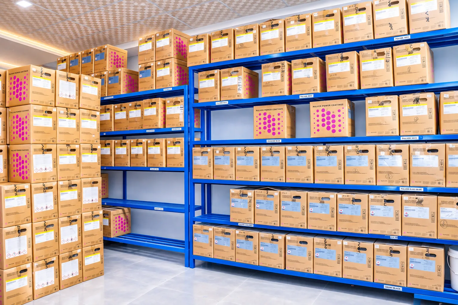 Blue shelving stocked with powder coating material boxes