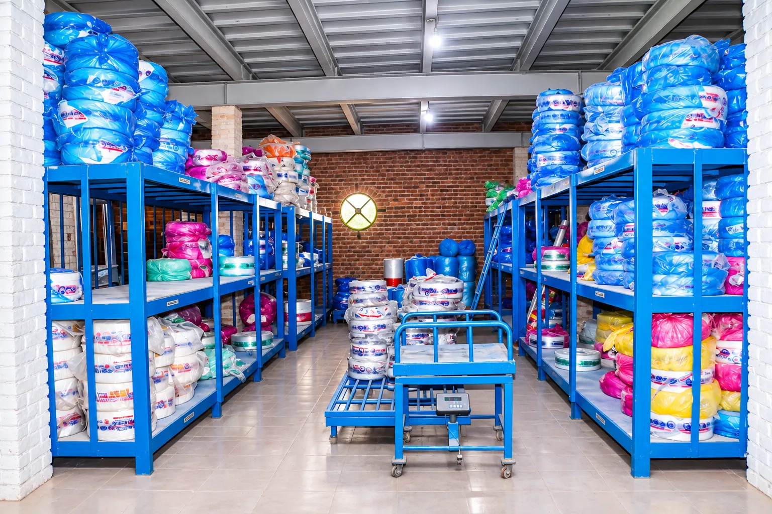 Warehouse shelves with rolled materials and a weighing trolley