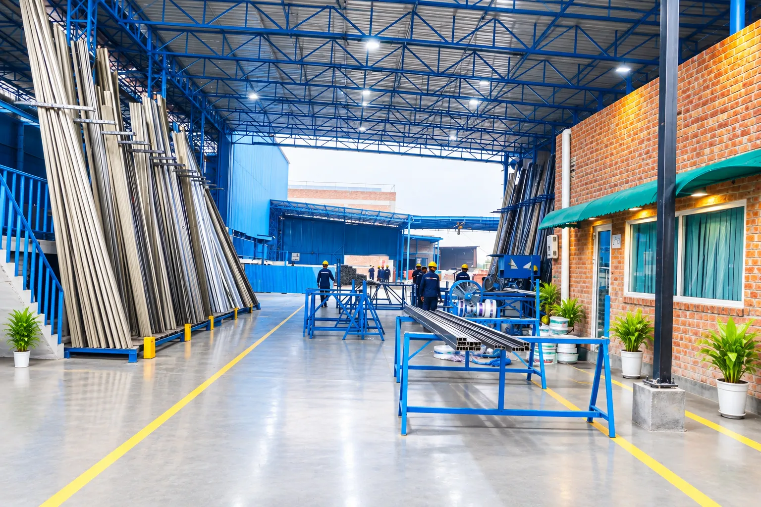 Organized factory floor with aluminium profiles and workers in safety gear